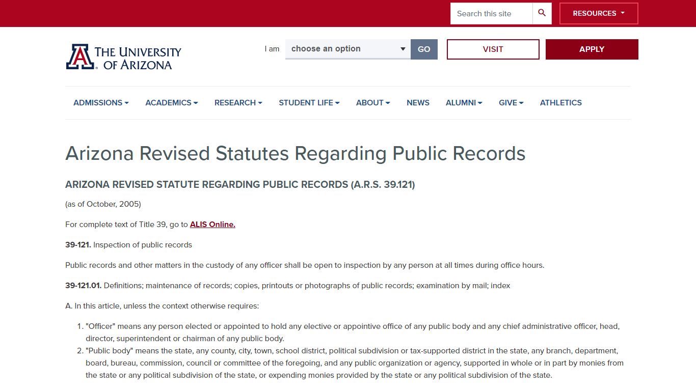 Arizona Revised Statutes Regarding Public Records